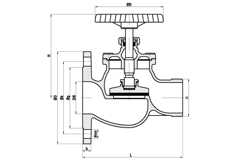 Клапан пожарного шланга (прямой, бронзовый, фланцевый) для морского применения чертеж.jpg